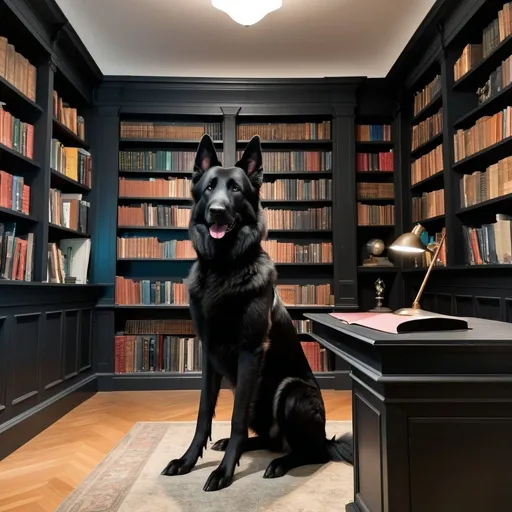 Prompt: large black belgian shepherd standing beside a desk in a dark personal library. Bookshelves on two of the walls