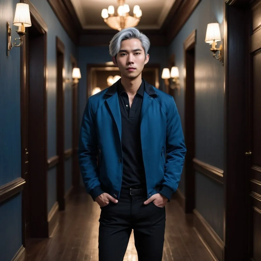 Prompt: Tall handsome young Asian man stands in a dark mansion hallway. He has silver hair. He’s wearing a blue jacket and black pants