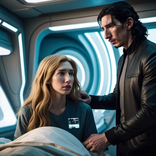 Prompt: Tall handsome Russian Adam Driver lookalike takes care of  an injured young woman with long golden brown hair, futuristic bedroom 