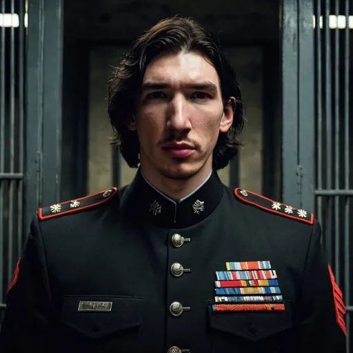 Prompt: Tall handsome young Russian Adam Driver lookalike wearing a dark military style uniform stands up. Futuristic dimly lit jail cell