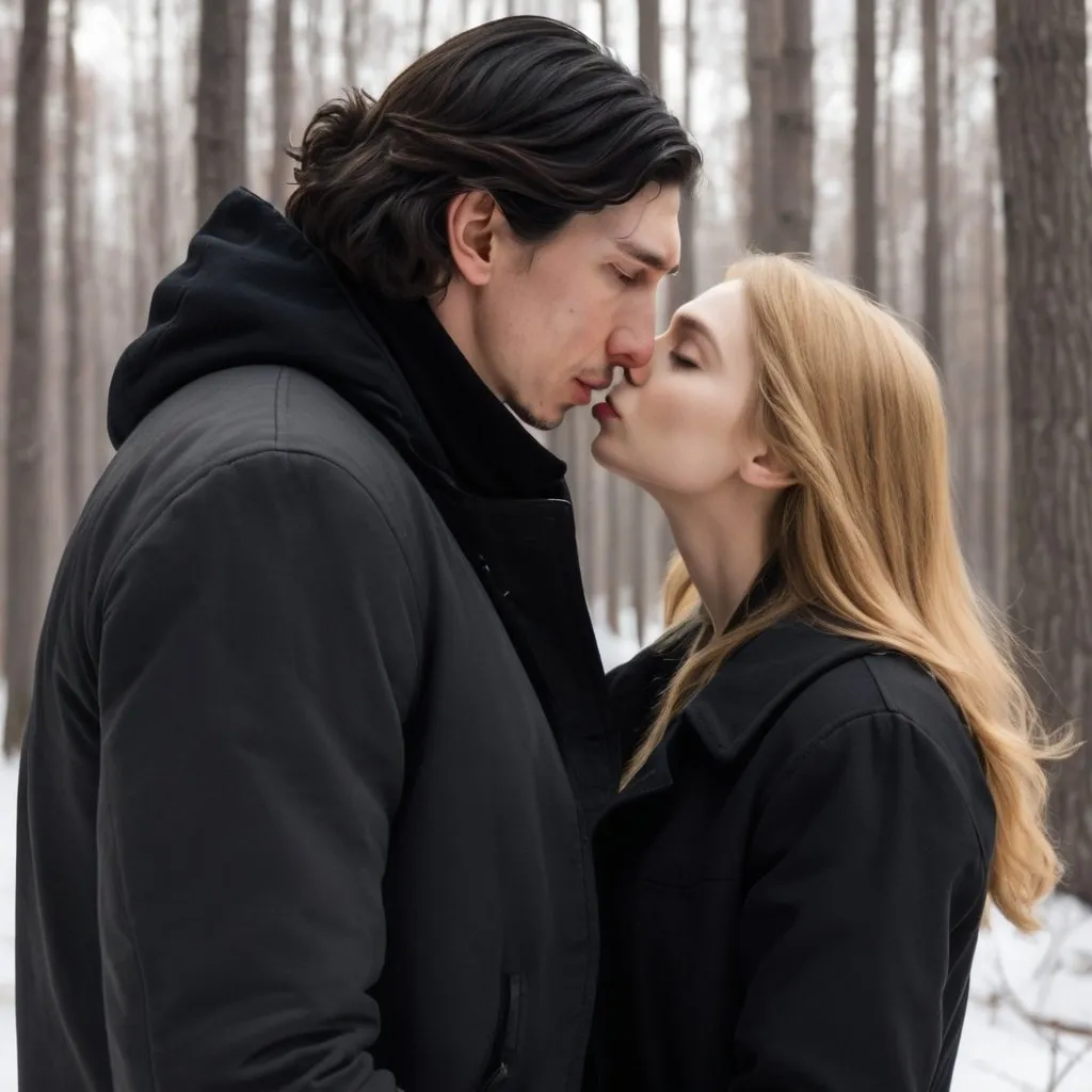 Prompt: Tall handsome Russian Adam Driver lookalike wears a black jacket and kisses a young woman much shorter than him. She has long golden brown hair. Winter woods