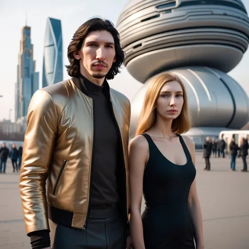 Prompt: Tall Russian Adam Driver lookalike stands beside a beautiful very short young woman. She has long golden brown hair. Futuristic Russian city