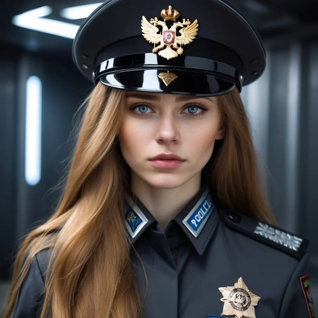 Prompt: Beautiful young woman with long golden brown hair and gray eyes. Futuristic Russia. She is wearing a dark police uniform, no insignia, a tear rolls down her cheek 