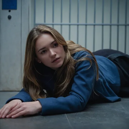 Prompt: A young woman is lying flat on the floor. She is wearing winter clothing and has long light brown hair.  Futuristic dimly lit jail cell