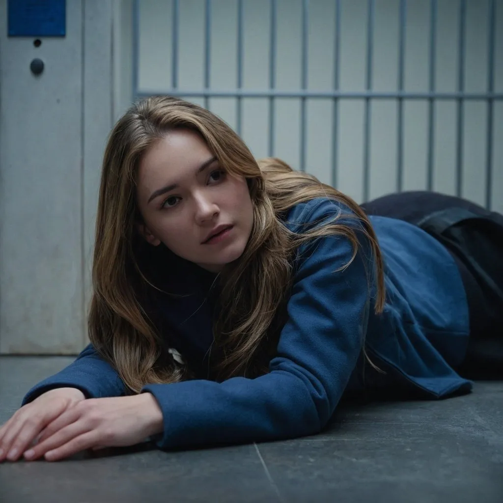 Prompt: A young woman is lying flat on the floor. She is wearing winter clothing and has long light brown hair.  Futuristic dimly lit jail cell