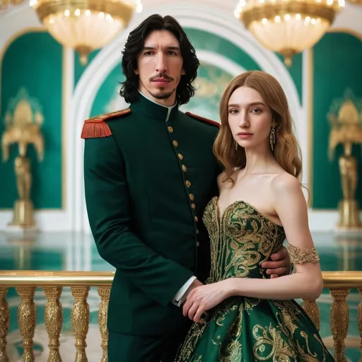 Prompt: Tall handsome Russian Adam Driver lookalike wears a black military uniform. a beautiful short young woman with long golden brown hair wears a modest green and gold paisley ball gown. Fancy futuristic Russian venue