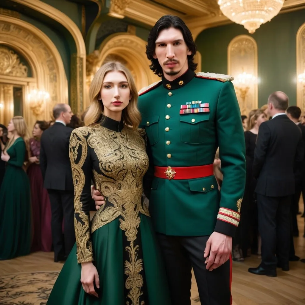 Prompt: Tall handsome Russian Adam Driver lookalike wears a black military uniform stands next to a beautiful extremely young woman. She is much shorter than him and the top of her head does not reach his shoulders. She has long golden brown hair and wears a long sleeved green and gold paisley ball gown. Fancy futuristic Russian venue