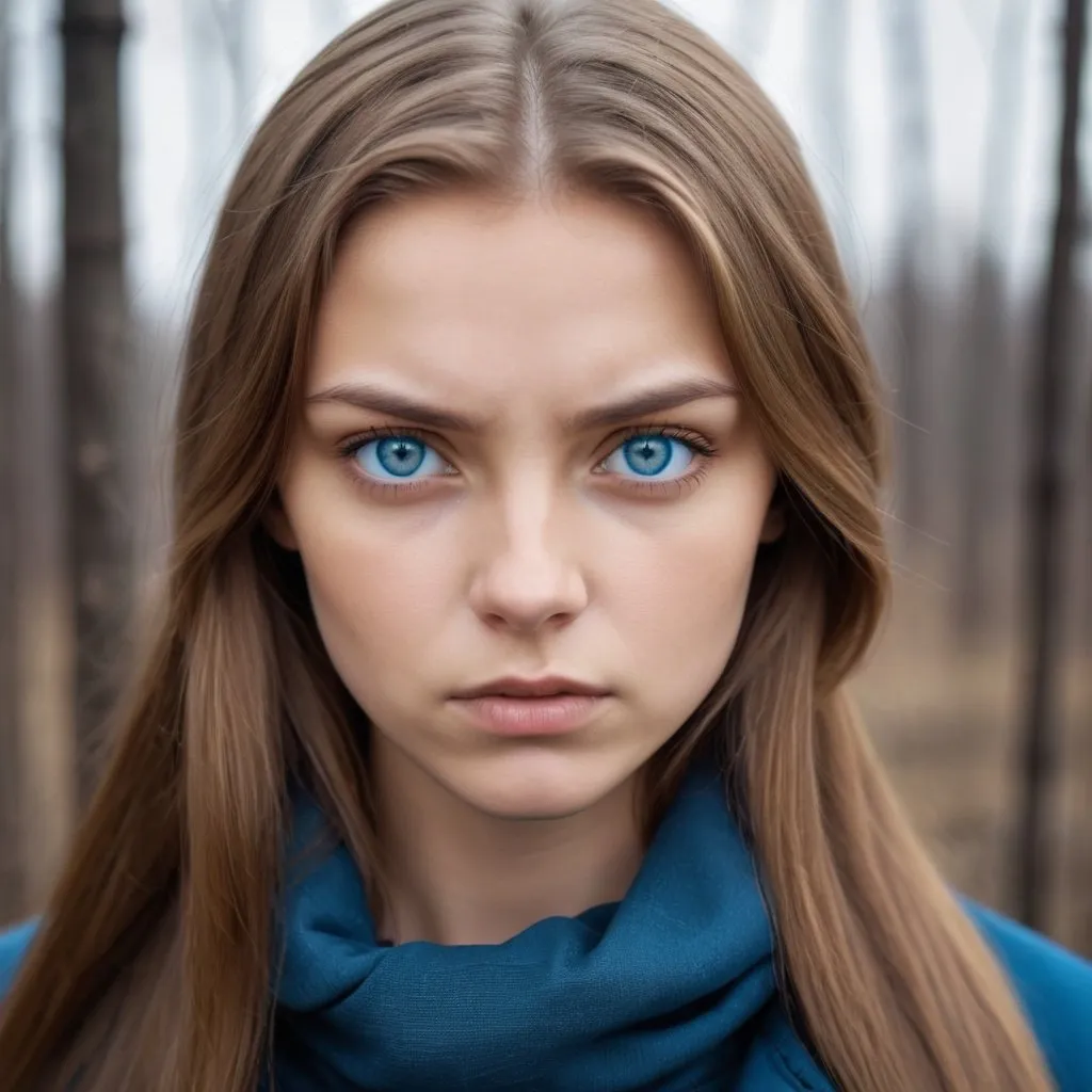 Prompt: One Ukrainian young woman with golden brown hair. She has steel blue eyes. she looks serious and is wearing a brown clothing