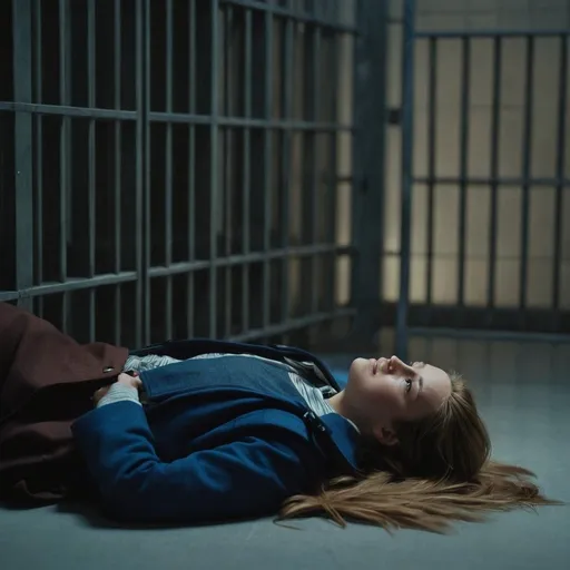 Prompt: A young woman is lying flat on the floor. She is wearing winter clothing and has long light brown hair.  Futuristic dimly lit jail cell