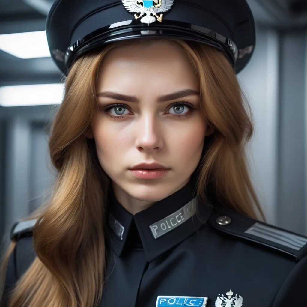 Prompt: Beautiful young woman with long golden brown hair and gray eyes. Futuristic Russia. She is wearing a dark police uniform, no insignia, a tear rolls down her cheek 