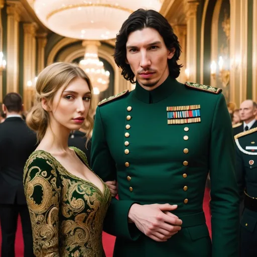 Prompt: Tall handsome Russian Adam Driver lookalike wears a black military uniform stands next to a beautiful extremely young woman. She is much shorter than him and the top of her head does not reach his shoulders. She has long golden brown hair and wears a long sleeved green and gold paisley ball gown. Fancy futuristic Russian venue