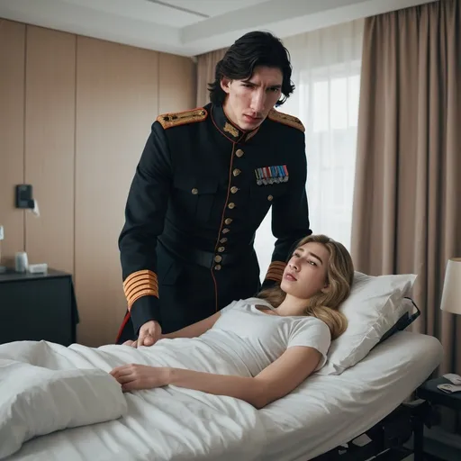 Prompt: Tall handsome young Russian Adam Driver lookalike wearing a dark military style uniform takes care of an injured young woman with long light brown hair, futuristic bedroom 