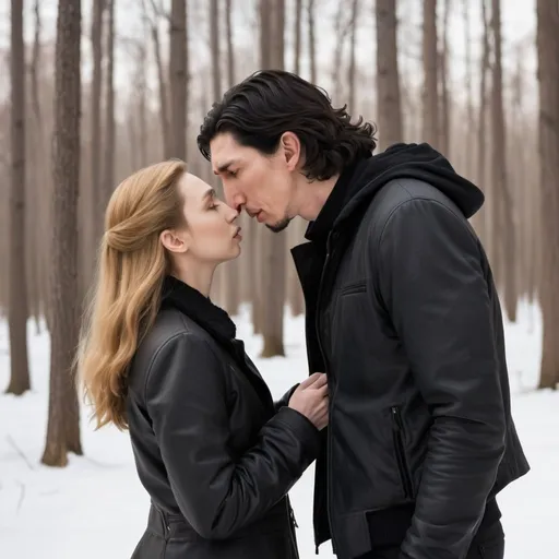 Prompt: Tall handsome Russian Adam Driver lookalike wears a black jacket and pulls a very short young woman closer to him to kiss her. She’s much shorter than him. She has long golden brown hair. Winter woods