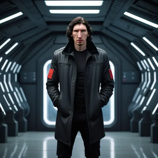 Prompt: Tall Russian Adam Driver lookalike wearing a black jacket. Futuristic Russia military installation. He looks angry 