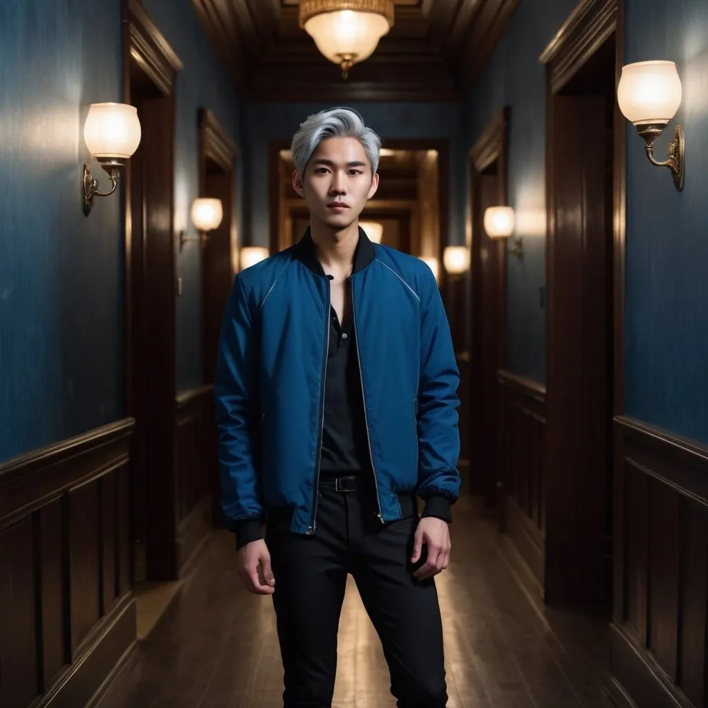 Prompt: Tall handsome young Asian man stands in a dark mansion hallway. He has silver hair. He’s wearing a blue jacket and black pants