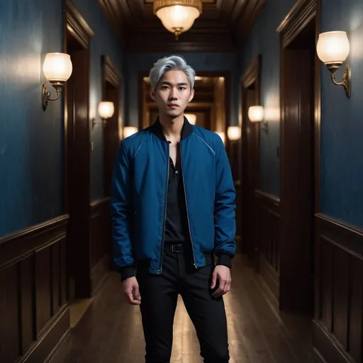 Prompt: Tall handsome young Asian man stands in a dark mansion hallway. He has silver hair. He’s wearing a blue jacket and black pants