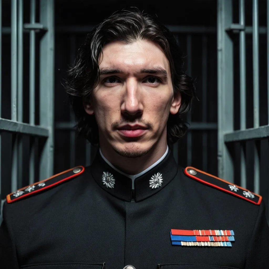 Prompt: Tall handsome young Russian Adam Driver lookalike wearing a dark military style uniform stands up. Futuristic dimly lit jail cell