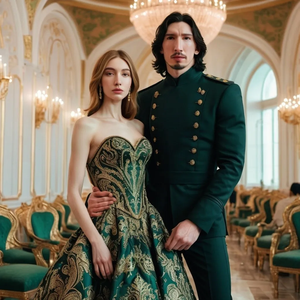 Prompt: Tall handsome Russian Adam Driver lookalike wears a black military uniform. a beautiful short young woman with long golden brown hair wears a modest green and gold paisley ball gown. Fancy futuristic Russian venue