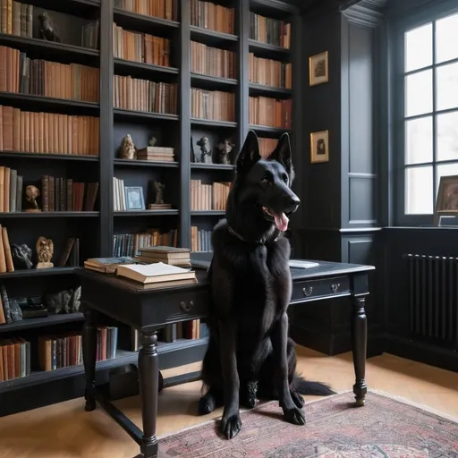 Prompt: Black Belgian shepherd sitting beside a desk in a personal library, bookshelves on two of the walls