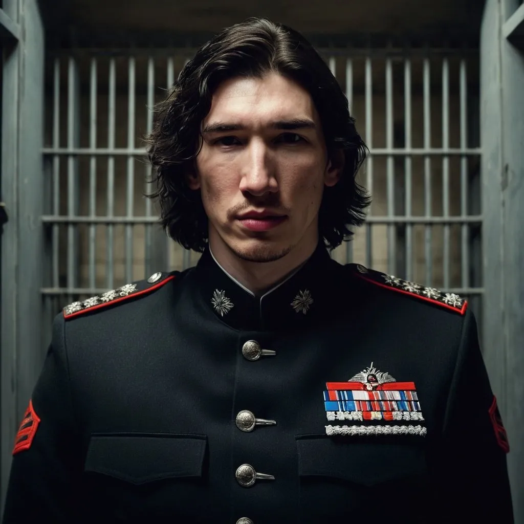 Prompt: Tall handsome young Russian Adam Driver lookalike wearing a dark military style uniform stands up. Futuristic dimly lit jail cell