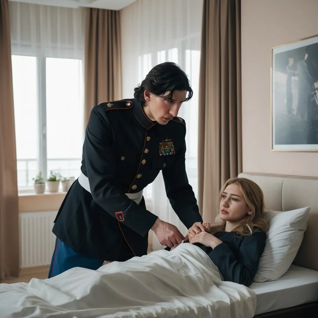 Prompt: Tall handsome young Russian Adam Driver lookalike wearing a dark military style uniform takes care of an injured young woman with long light brown hair, futuristic bedroom 