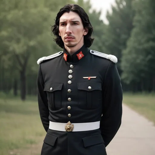 Prompt: Tall handsome Russian Adam Driver lookalike wears a black military uniform . Outdoors. He looks furious