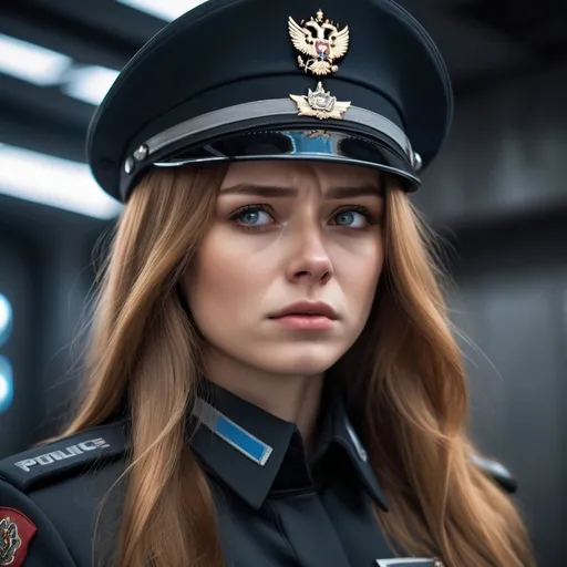 Prompt: Beautiful young woman with long golden brown hair and gray eyes. Futuristic Russia. She is wearing a dark police uniform, no insignia, And she is crying