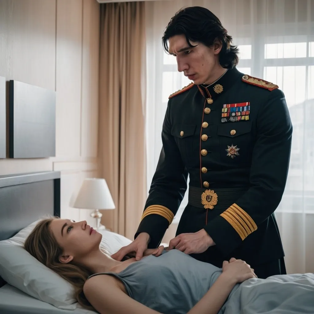 Prompt: Tall handsome young Russian Adam Driver lookalike wearing a dark military style uniform takes care of an injured young woman with long light brown hair, futuristic bedroom 