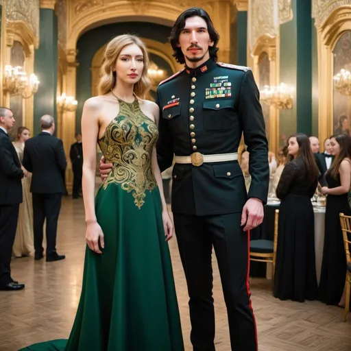 Prompt: Tall handsome Russian Adam Driver lookalike wears a black military uniform stands next to a beautiful extremely young woman who is much shorter than him. She has long golden brown hair and wears a very modest no skin showing A-line green and gold paisley ball gown. Fancy futuristic Russian venue
