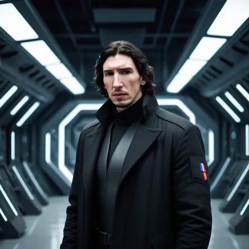 Prompt: Tall Russian Adam Driver lookalike wearing a black coat. Futuristic Russia military installation. He looks angry 