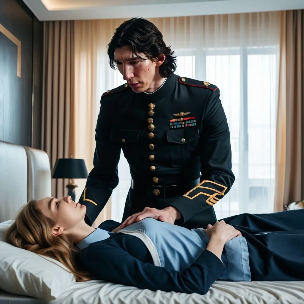 Prompt: Tall handsome young Russian Adam Driver lookalike wearing a dark military style uniform takes care of an injured young woman with long light brown hair, futuristic bedroom 