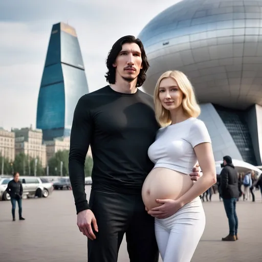 Prompt: Tall Russian Adam Driver lookalike stands beside a beautiful very short young woman. She has long hair and a huge pregnant belly. Futuristic city