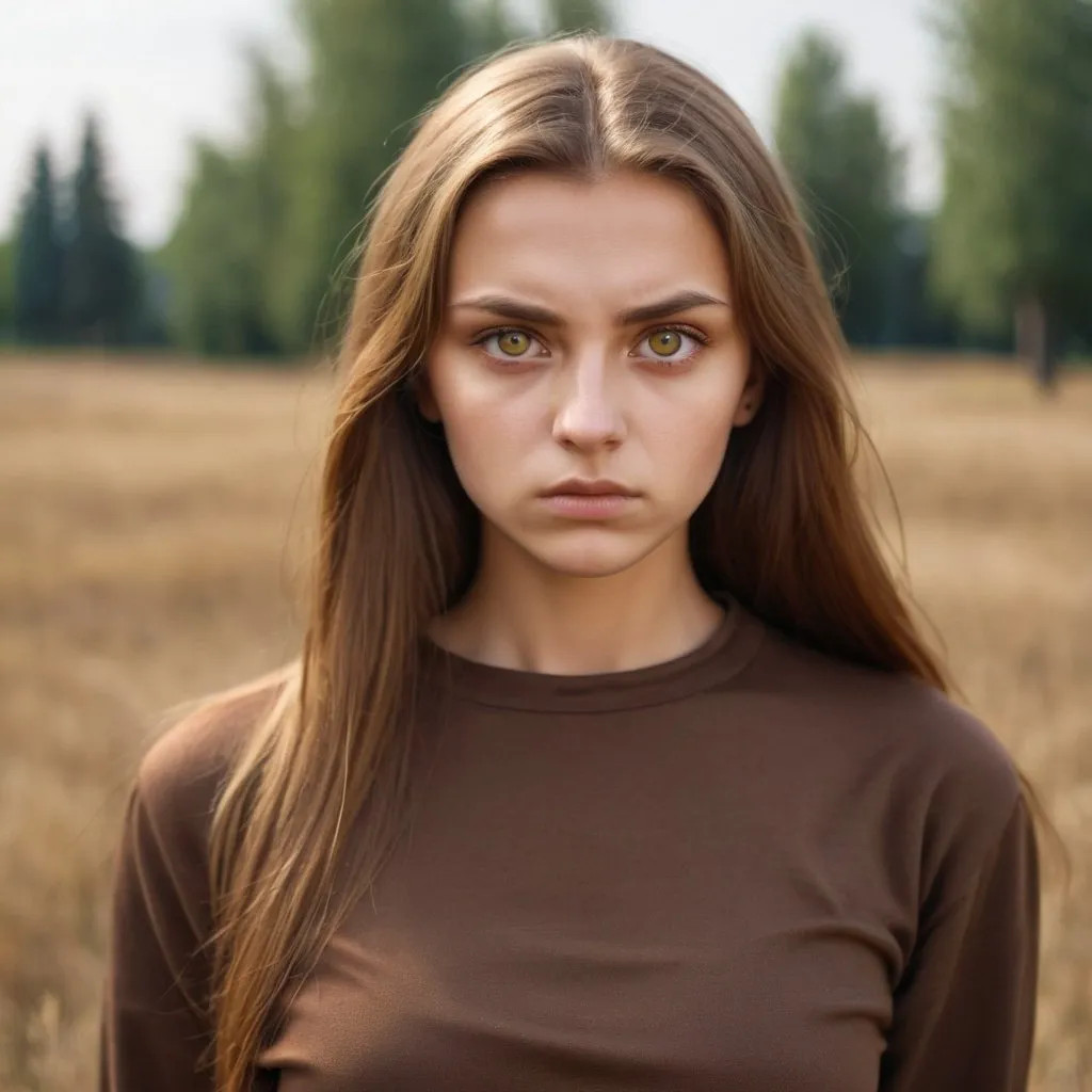 Prompt: One Ukrainian young woman with golden brown hair. She has gold eyes. she looks serious and is wearing a brown clothing