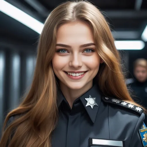 Prompt: Beautiful young woman with long golden brown hair and gray eyes. Futuristic Russia. She is wearing a dark police uniform, no insignia, And she is smiling