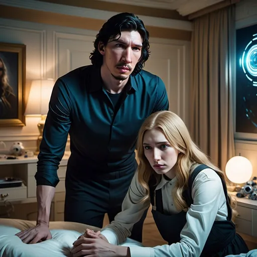 Prompt: Tall handsome Russian Adam Driver lookalike takes care of  an injured young woman with long golden brown hair, futuristic bedroom 