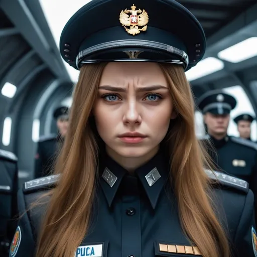 Prompt: Beautiful young woman with long golden brown hair and gray eyes. Futuristic Russia. She is wearing a dark police uniform, no insignia, And she looks like she’s about to cry