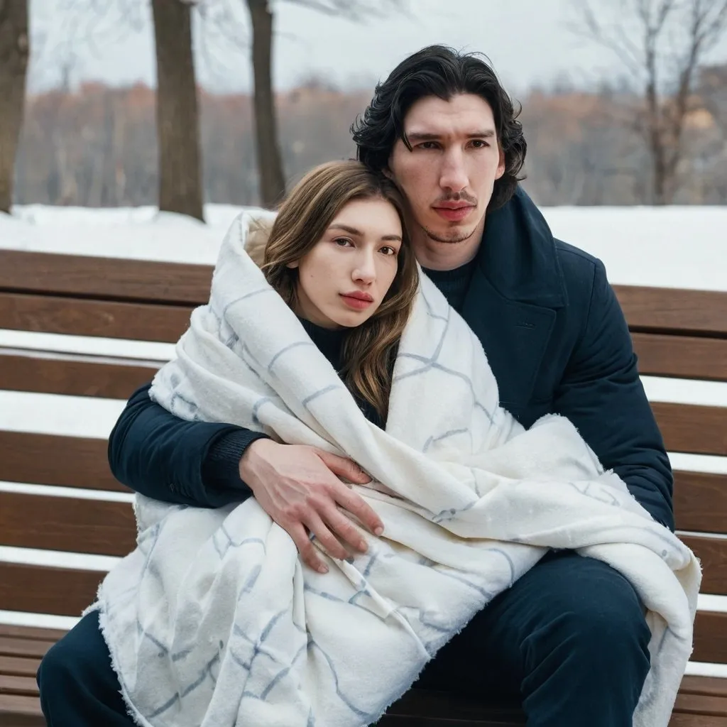 Prompt: Tall handsome young Russian Adam Driver is carrying a young woman wrapped in a blanket. Outside sitting on a bench. Winter