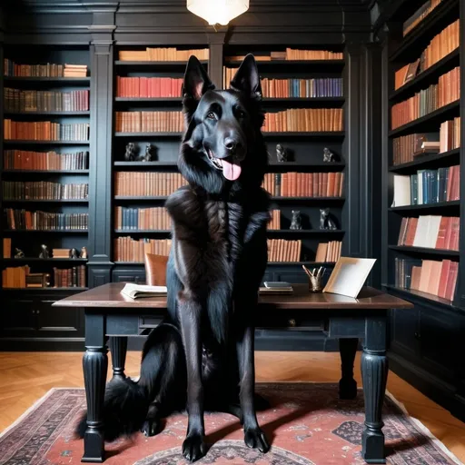 Prompt: large black belgian shepherd standing beside a desk in a dark personal library. Bookshelves on two of the walls