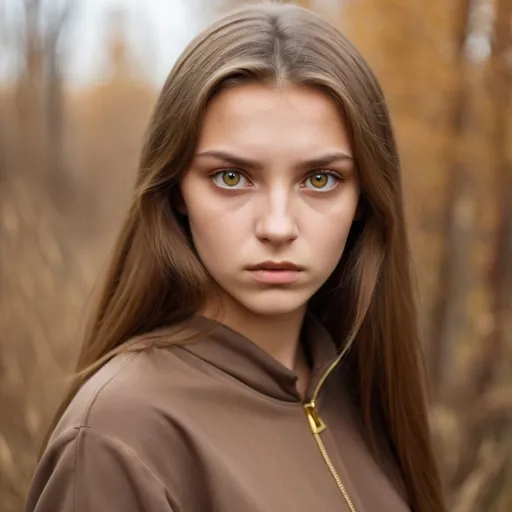 Prompt: One Ukrainian young woman with golden brown hair. She has gold eyes. she looks serious and is wearing a brown clothing