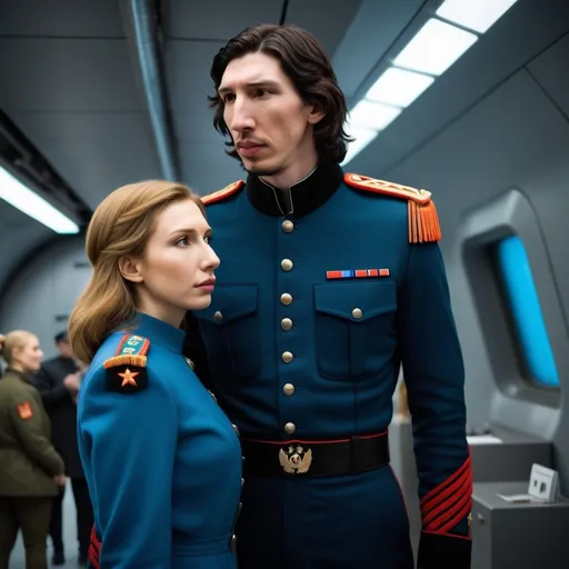 Prompt: Tall handsome Russian Adam Driver lookalike wears a black military uniform and stands next to a beautiful extremely short young woman. She is much shorter than him and the top of her head does not reach his shoulders. She has long golden brown hair and is wearing a blue jacket and brown pants. She looks up at him, afraid. Futuristic Russia