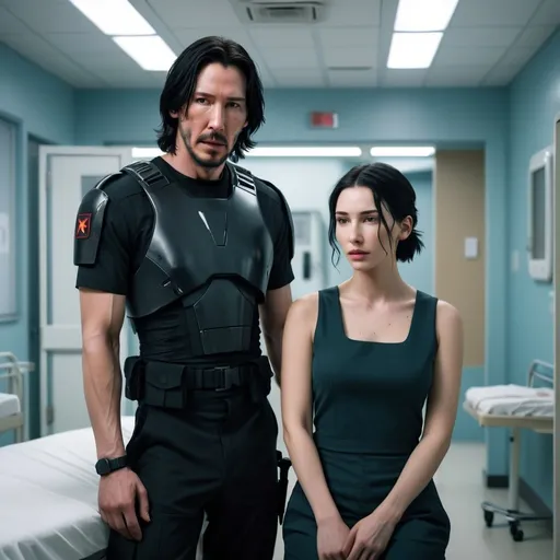 Prompt: Handsome tall young man who looks like a mix of Keanu Reeves and Adam Driver but with short black hair. He’s wearing black military stuff clothes . He’s taking care of a beautiful young woman with golden brown hair. She is injured. Futuristic hospital room