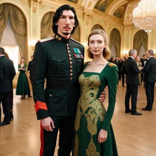 Prompt: Tall handsome Russian Adam Driver lookalike wears a black military uniform and stands next to a beautiful extremely short young woman. She is much shorter than him and the top of her head does not reach his shoulders. She has long golden brown hair and wears a long sleeved green and gold paisley ball gown. Fancy futuristic Russian venue