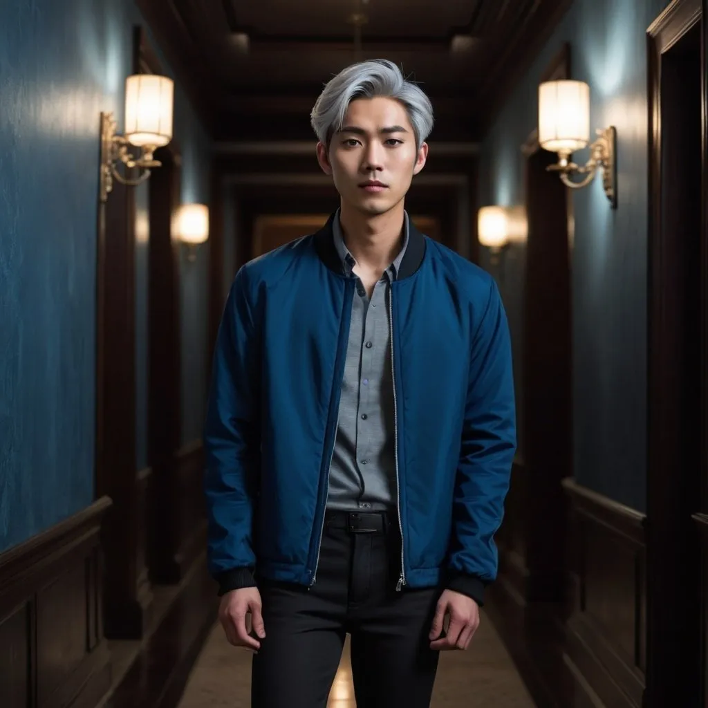 Prompt: Tall handsome young Asian man stands in a dark mansion hallway. He has silver hair. He’s wearing a blue jacket and black pants