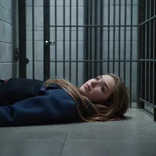 Prompt: A young woman is lying flat on the floor. She is wearing winter clothing and has long light brown hair.  Futuristic dimly lit jail cell