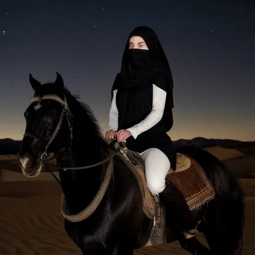 Prompt: white young woman with her face covered is riding a black Arabian stallion at night in the desert