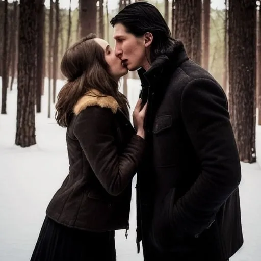 Prompt: Tall handsome Russian Adam Driver lookalike wears a black jacket and pulls a very short young woman closer to him to kiss her. She’s much shorter than him. She has long golden brown hair and wears a brown jacket. Winter woods