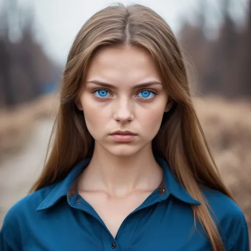 Prompt: One Ukrainian young woman with golden brown hair. She has steel blue eyes. she looks serious and is wearing a brown clothing