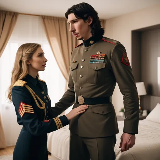 Prompt: A tall handsome Russian Adam Driver lookalike wearing a military uniform offers his hand to a beautiful short young woman.She’s wearing normal clothing and has long golden brown hair. Futuristic bedroom 