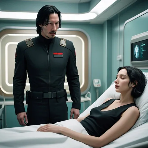 Prompt: One tall young man who looks like a mix of Keanu Reeves and Adam Driver but with short black hair. He’s wearing black military stuff clothes . He’s looking at a sleeping beautiful young woman with golden brown hair. Futuristic hospital room
