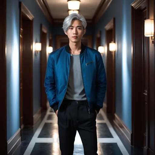 Prompt: Tall handsome young Asian man stands in a dark mansion hallway. He has silver hair. He’s wearing a blue jacket and black pants